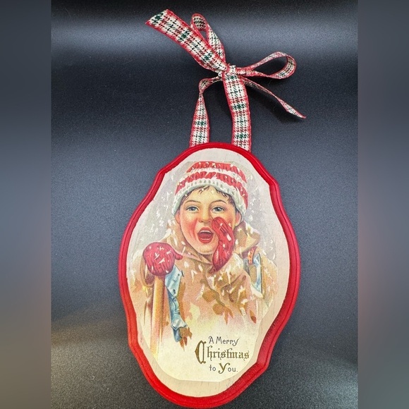 OOAK Boy Shouting Merry Christmas Wood Plaque Decor - Picture 2 of 5